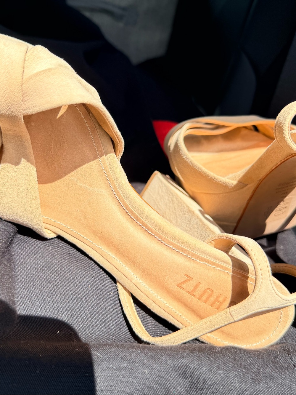 SCHUTZ Beige Suede Block Heel Sandals